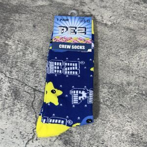 Crazy Universe PEZ Mens Adult Size 6-13 Blue Yellow Graphic Novelty Crew Socks